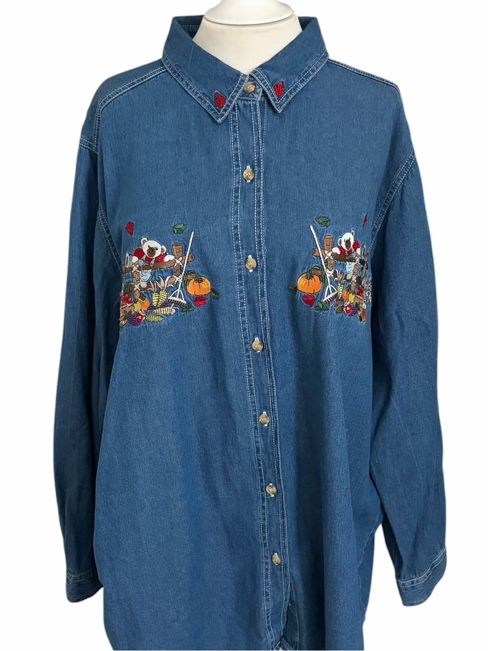 Vintage Bobbie Brooks Denim Shirt 18-20W Embroidered Harvest Fall Cottagecore